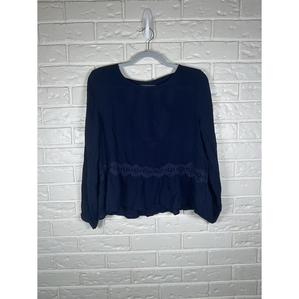 Miami Medium Sheer Boho Peasant Blouse Navy Blue Lace Babydoll Top